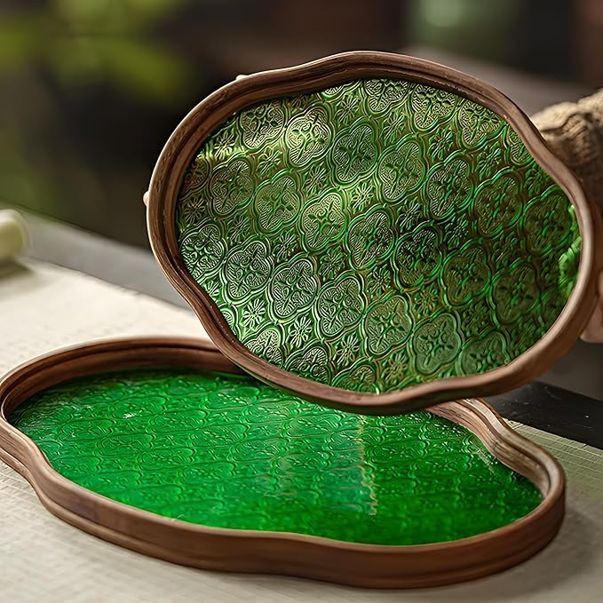 IwaiLoft Glass Serving Tray with The Crabapple Pattern Glass and Walnut for Kitchen Countertop Home Decor for Coffee Table, Also Suitable for Tea Coffee Decorative Trays (Green,11.4" x 7.8" x 1")