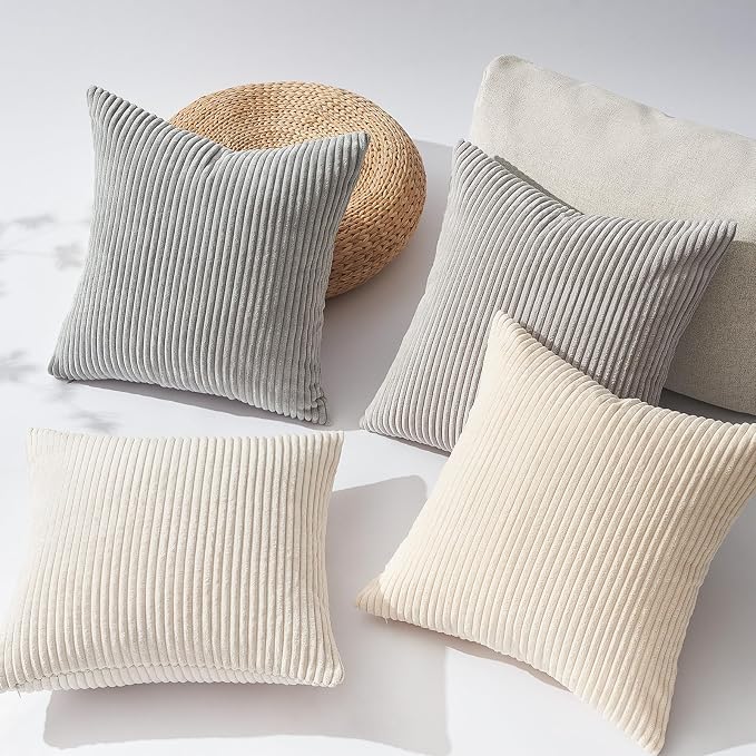 Topfinel 4 Packs Neutral Decorative Throw Pillows Covers 12x12 Inch for Living Room Couch Bed Sofa, Rustic Farmhouse Boho Neutral Home Decor, Soft Plush Striped Corduroy Square Cushion Case 30x30 cm