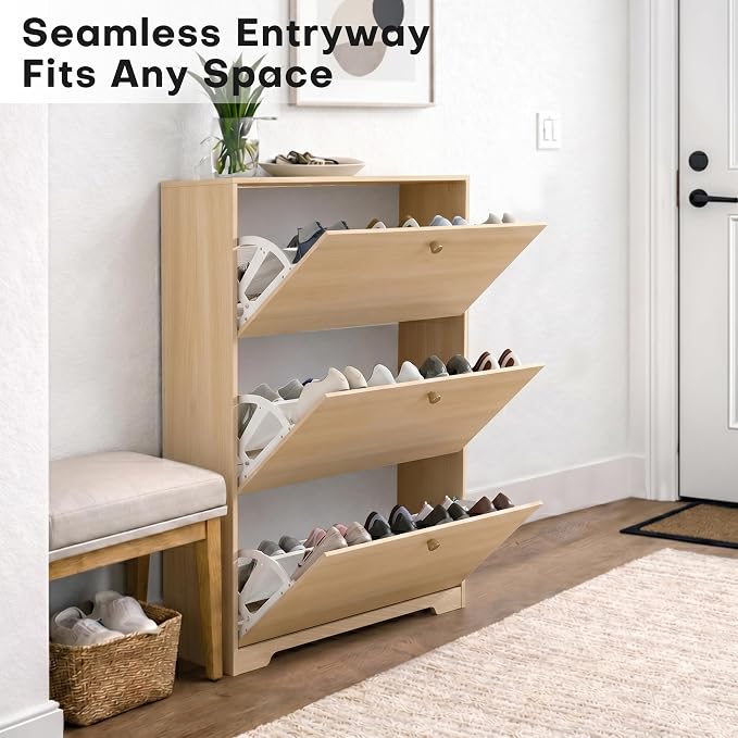 Nicetree Shoe Cabinet with 3 Flip Drawers，Freestanding Shoe Storage Cabinet, Narrow Shoe Organizer Cabinet, Farmhouse Slim Shoe Rack Cabinet for Entryway,Natural Oak with Hook