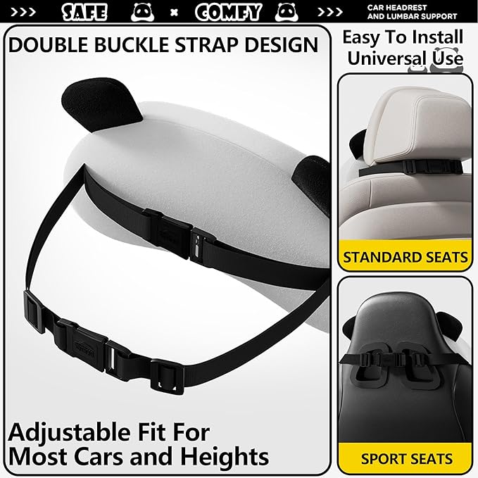 Cute Panda Car Neck Pillow & Lumbar Support Memory Foam Cushion for Driving Adjustable Headrest Waist Pillow for Most Seats (Brown, Headrest 2Pcs)
