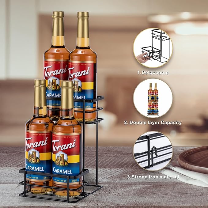 Rice rat Coffee Syrup Organizer Rack, (4 Bottle Capacity),2 Tier Coffee Syrup holder for Coffee Bar Accessories,Kitchen,Storage for Syrup, Wine, Dressing（Black）