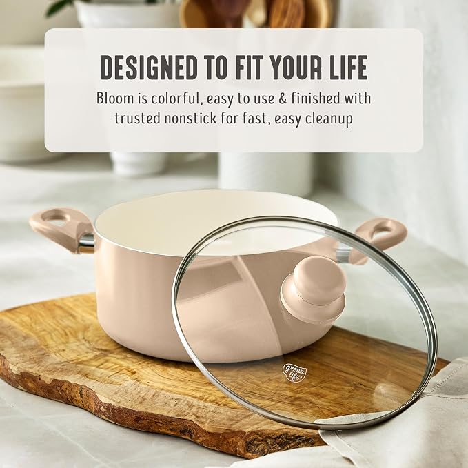 GreenLife 5 Quart Nonstick Stock Pot with Lid, Non-Toxic Ceramic Pot, Dishwasher Safe, Induction Ready, Fast Heating, Stay-Cool Handles, Kitchen Casserole, Soup, Pasta, Easy Clean, Beige Taupe