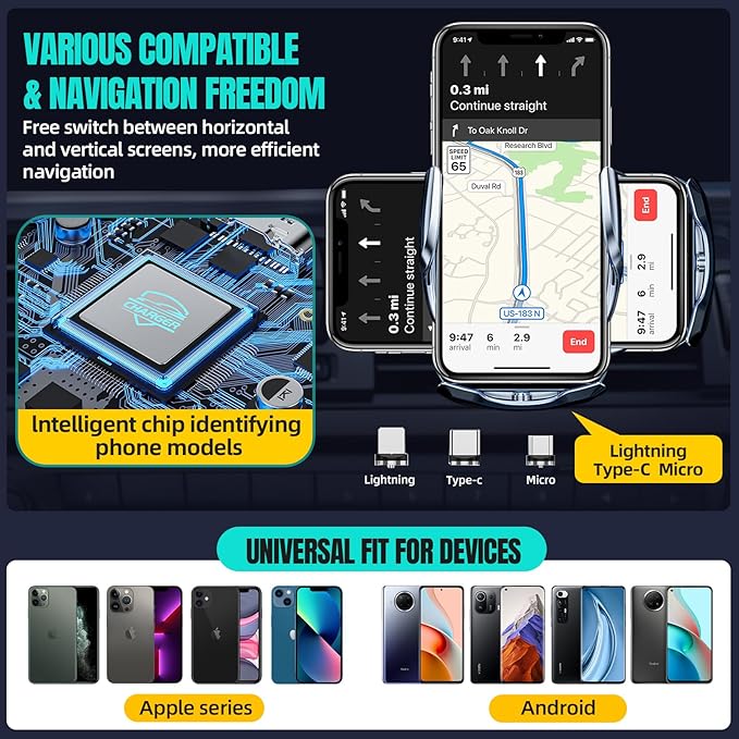 Wireless Car Charger, MAX 15W Fast Charging Auto Clamping, Sensing Phone Holder Mount, fit for iPhone 16 15 14 13 12 Pro Max Xs X, Samsung Galaxy S24 Ultra S23 S22 S21 S20 Note20 (1-Silver)