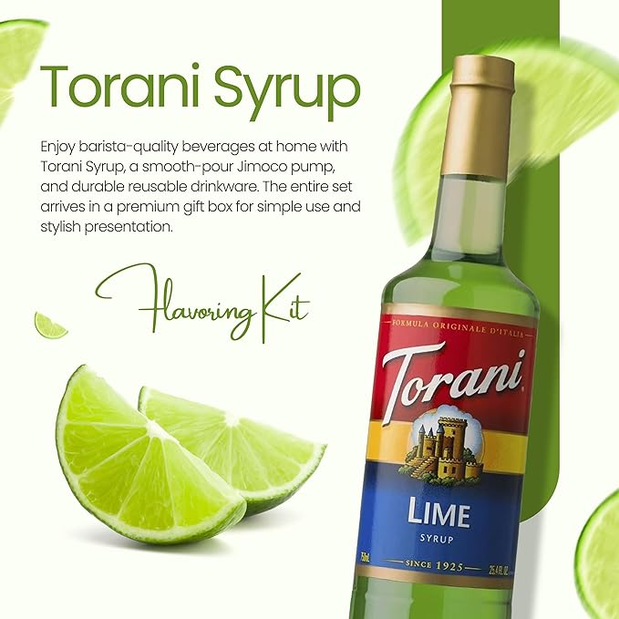 Jimoco Barista Set – Torani Lime Syrup 25.4 oz, Jimoco Pump, Reusable Cup, Straw & Stirrer – Coffee, Italian Soda & Cocktail Flavoring Kit