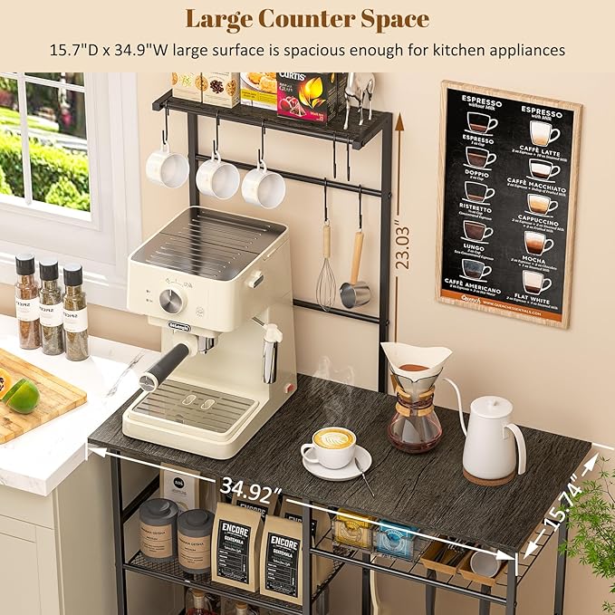 Baker's Rack for Kitchen with Storage, Microwave Stand with Adjustable Shelves, Kitchen Stand with 10 S Hooks, 6-Tier Coffee Bar Station, Storage Shelves for Spices, Pots, Gray