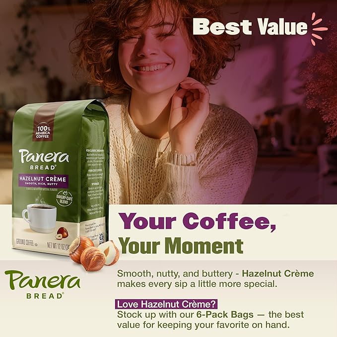 Panera Hazelnut Crème Ground Coffee - Light Roast 100% Arabica for Smooth Morning Brewing - Restaurant-Quality Flavored Coffee, Kosher Certified, 12oz Bag Pack of 6 (72 oz Total)