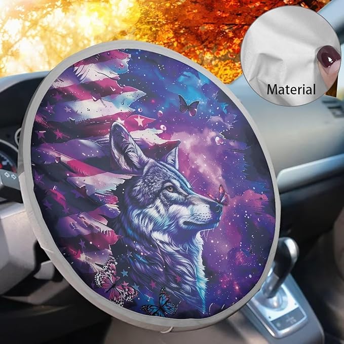 Steering Wheel Sun Shade Cover for SUV Car Truck Van Universal Steering Wheel UV Rays Sun Visor Protector Decorative Accessories, American Flag Galaxy Wolf Butterfly Pattern