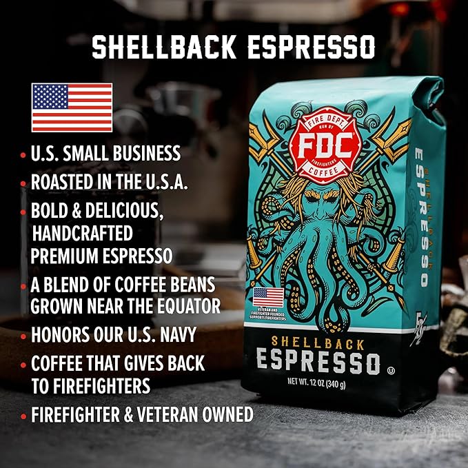Fire Department Coffee Shellback Espresso Medium Roast Whole Bean Coffee - 12 oz (12 Pack) - Gives Back to Firefighters - Roasted in the USA - Veteran Owned