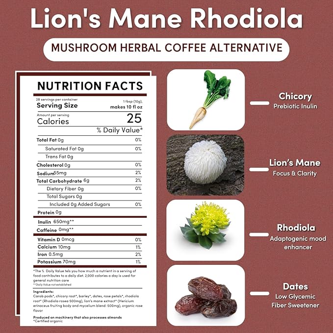 Teeccino Lion’s Mane Rhodiola Coffee Alternative - Rose - Adaptogenic Herbal Mushroom Coffee, Medium Roast, Caffeine Free, Prebiotic, Acid Free, All-Purpose Grind - 10 Oz