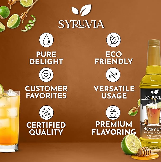 Syruvia Honey Lime Flavored Syrup for Drinks, Cocktails, Mocktails, Iced Teas and Desserts – 25.4 fl oz
