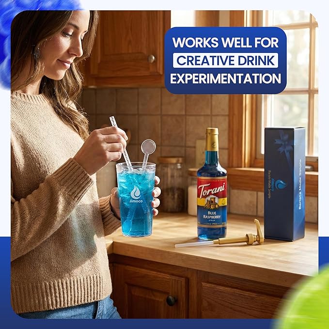 Jimoco Barista Set – Torani Lime & Blue Raspberry Syrups (25.4 oz Each) with 2 Jimoco Syrup Pumps, Reusable Cups, Straws & Stirrers – Coffee, Italian Soda & Cocktail Flavoring Kit