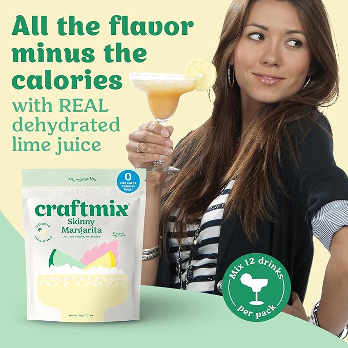 Craftmix Skinny Margarita Cocktail & Mocktail Drink Mixer, Skinny Mixes - Water Flavoring Packets - Made With Real Fruit - Vegan, No-Carb, No-Sugar, Non-GMO, Dairy Free, Gluten Free, 12 Pack