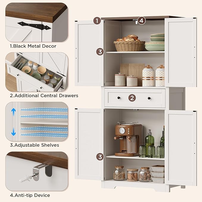 71" Tall Kitchen Pantry Storage Cabinet with Barn Doors and Shelves, White Farmhouse Linen Storage Cabinet With Drawers, Free standing Food Pantry Cabinets for Kitchen, Dining Room, Living Room