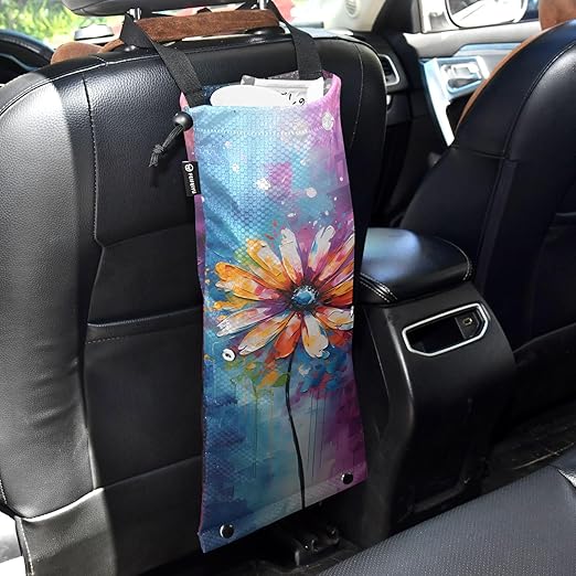 ALAZA Hanging Car Trash Bags Garbage Bag Trash Can for Back Seat Small Oilpainting Flower Washable Storage Bag Retractable 2 Pack
