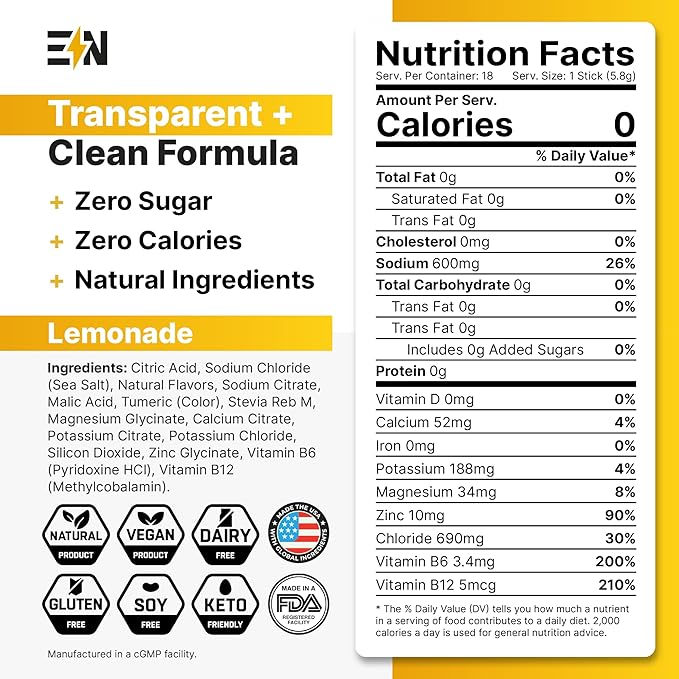 Engineered Nutrition Sugar-Free Electrolyte Powder Packets - Lemonade Flavor - Keto Hydration Packets w/Magnesium, Potassium & Sodium - Zero Calorie, Vegan, Non-GMO, Gluten-Free - 18 Single Servings