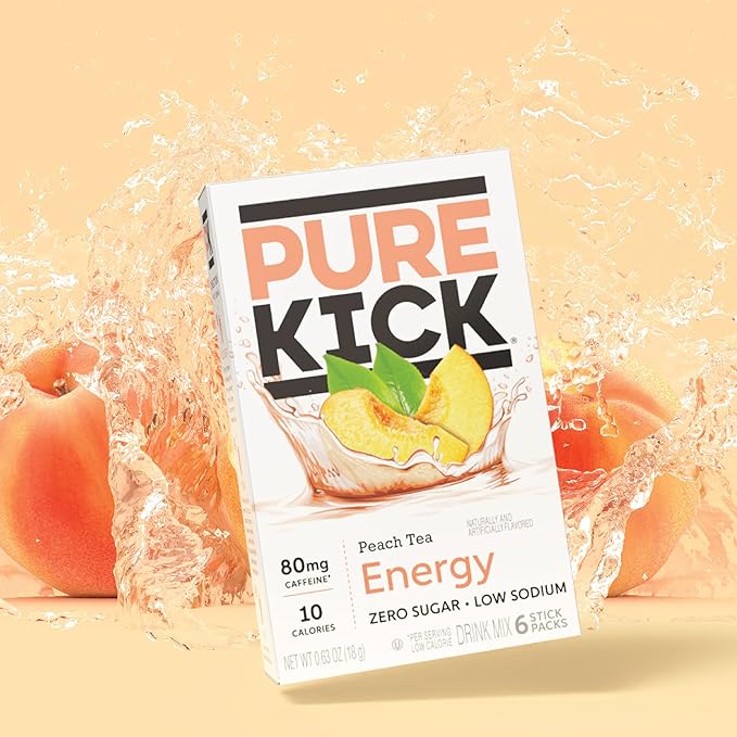 PURE KICK Energy Singles To Go Drink Mix, Peach Tea, Includes 12 Boxes with 6 Packets in each Box, 72 Total Packets