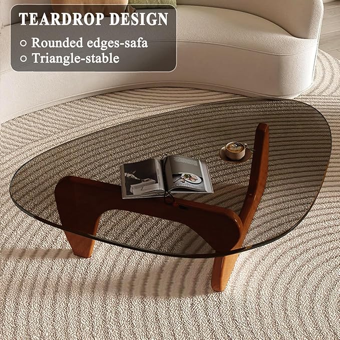 Glass Coffee Table, Mid Century Modern Coffee Table, Coffee Table for Living Room Center Table Suitable for Bedroom Living Room Reception Office Tables (Walnut/Grey, Large)