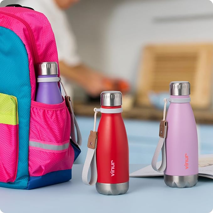 VINUR Kids Water Bottle-12 oz Stainless Steel Double Wall Vacuum Insulated Water Bottle for School-Cola Shape Flask with Carry Rope(Purple Pink)