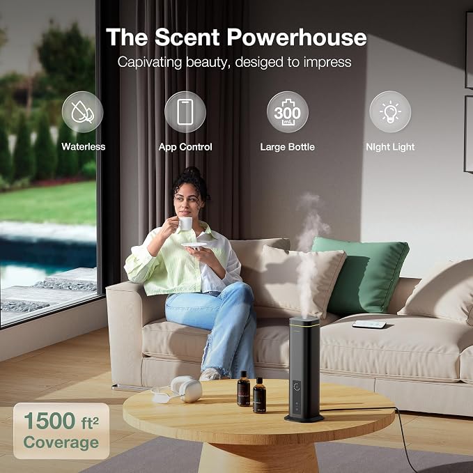 Airversa Waterless Diffuser, Smart Tower Diffuser with App Control, Cold Air Scent Diffuser Oil Machine for Homes Offices Hotels, 300mL Capacity, Up to1500 sq ft, DC-12V/1A Plug, RDX Black