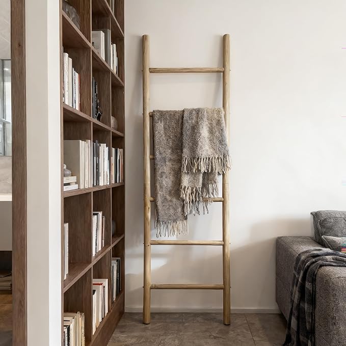 Wooden Blanket Ladder -77x24in Natural & Motley Wood - Leaning Wall Decor for Bedroom, Bathroom, Living Room - Rustic Quilt Holder & Towel Rack (77x24in | Knock Down,Light Wood Color)