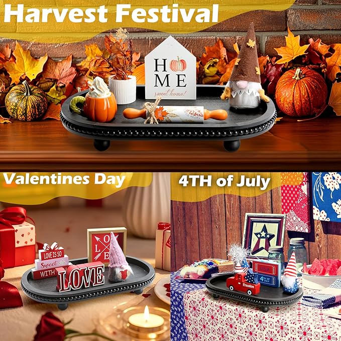 Wooden Decorative Tray for Home Decor, Beaded Black Oval Tray Decor for Coffee Table, Rustic Wood Serving Trays Farmhouse Centerpieces for Living Room Kitchen Counter (Black Oval)