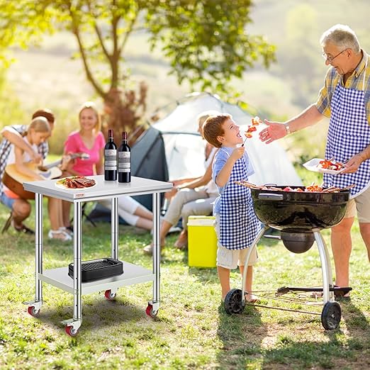 Mophorn Stainless Steel Work Table with Wheels 30 L* 24 W * 33 H Inch Prep Table with 4 Casters Heavy Duty Work Table for Commercial Kitchen Restaurant Business, Silver and Black