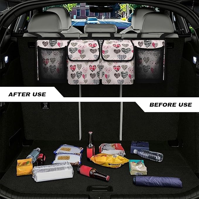 CLOHOMIN Heart Car Trunk Organizers and Storage Valentine's Day Backseat Car Organizer with Net Pink Car Storage Bag with 4 Pockets Car Accessories Gifts for Women