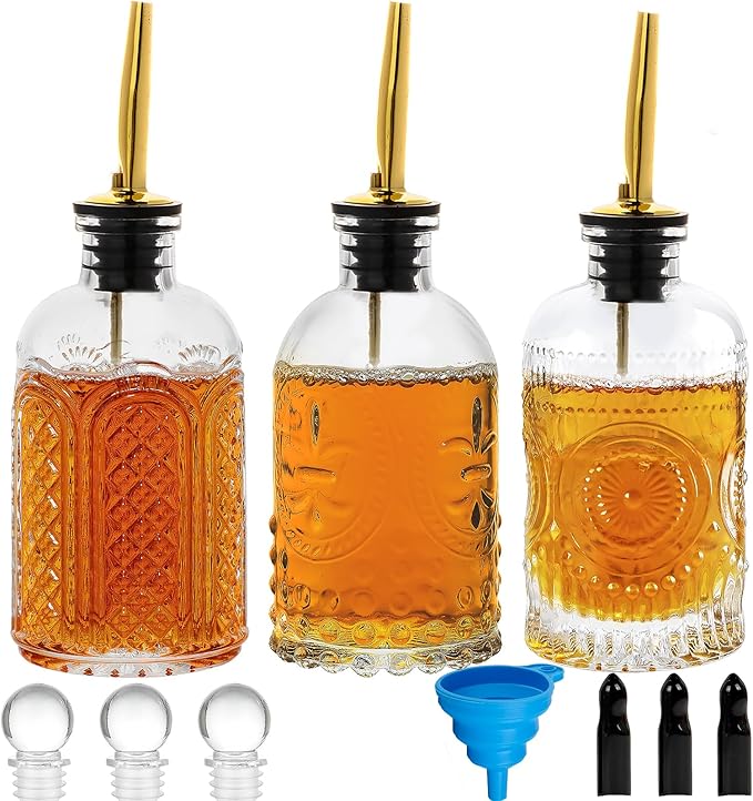 Syrup Dispenser Bottles Set of 3, Simple Syrup Bottle for Coffee Bar Accessories,7 oz Glass Coffee Syrup Containers for Maple Honey Syrup Oil, with Metal Pour Spouts, Stoppers,Condiments Dispenser