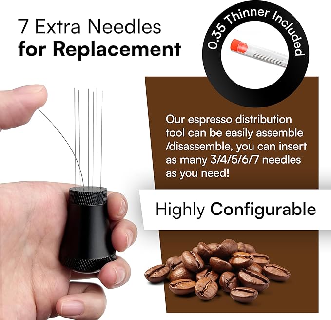 WDT Tool – Espresso Distribution Tools, Black Aluminum Alloy Handle with Stand, Coffee Mixer, and 10 Stainless Steel Needles