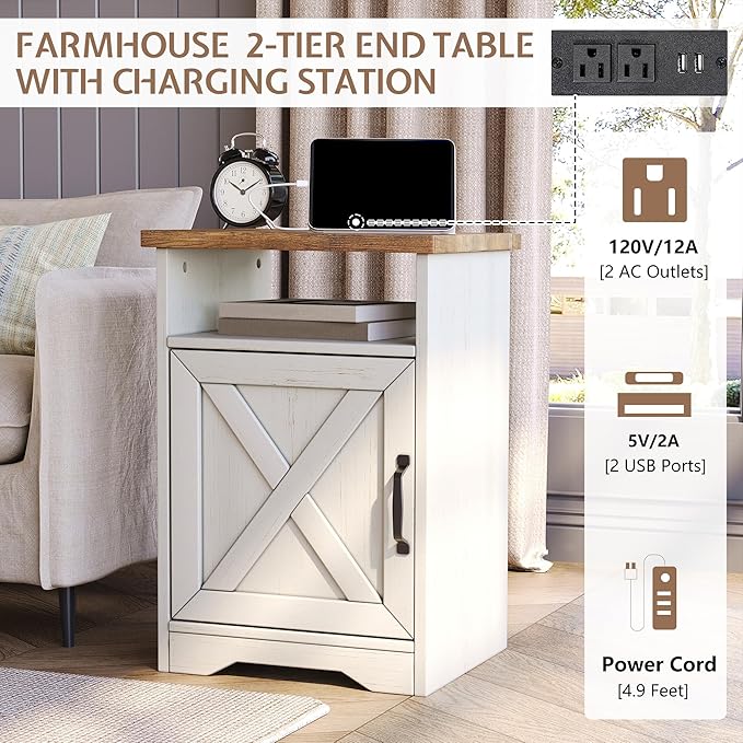 3-Piece Farmhouse Living Room Table Sets, Includes 1 x Coffee Table, 2 x End Tables with Charging Station & USB Ports, Rustic Coffee Table Set of 3, Distressed White
