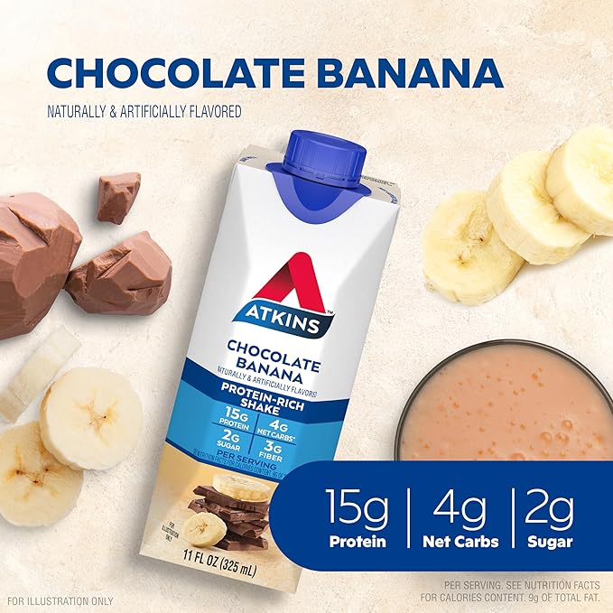 Atkins Chocolate Banana Protein Shake, 15g Protein, 5g Net Carbs, 1g Sugar, Low Carb, High Protein Shake, Banana Breakfast Protein Shake, 4 Pack (11 fl. oz Each)
