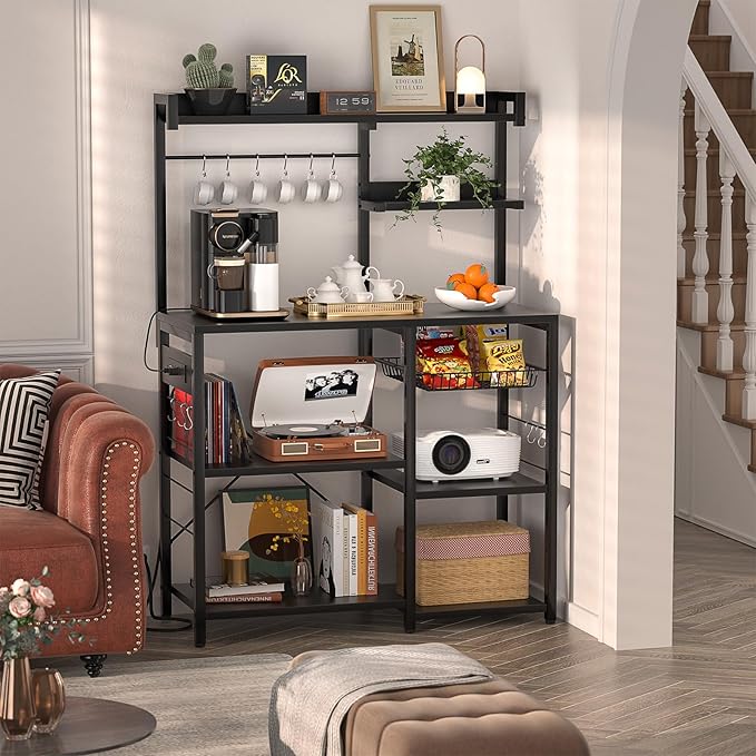 Aheaplus Bakers Rack with Power Outlet and LED light strings, Microwave Oven Stand Kitchen Storage Shelf with Wire Basket, Coffee Bar Station Island table with 10 hooks for Spices, Pots, Pans, Black