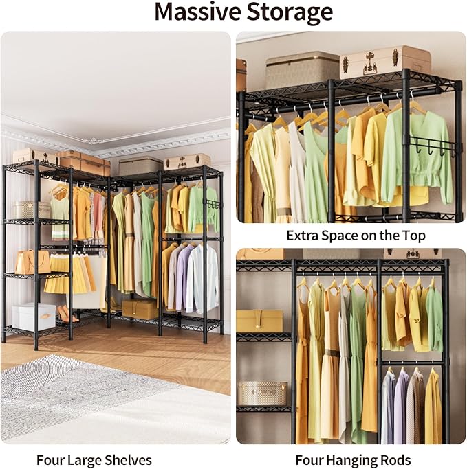 Golpart Heavy Duty Garment Rack Clothes Rack,Large Metal Closet Organizer System Storage Wardrobe,Freestanding Clothing Rack with Adjustable Wire Shelves& Hang Rods,MaxLoad 1100lbs