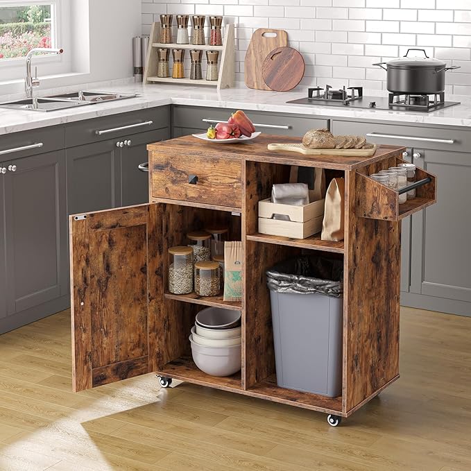 HOOBRO Kitchen Island, Storage Cabinet with Drawer, Kitchen Cart with Spice and Towel Rack, Saving Space, Easy Assembly, for Living Room, Rustic Brown BF12ZD01