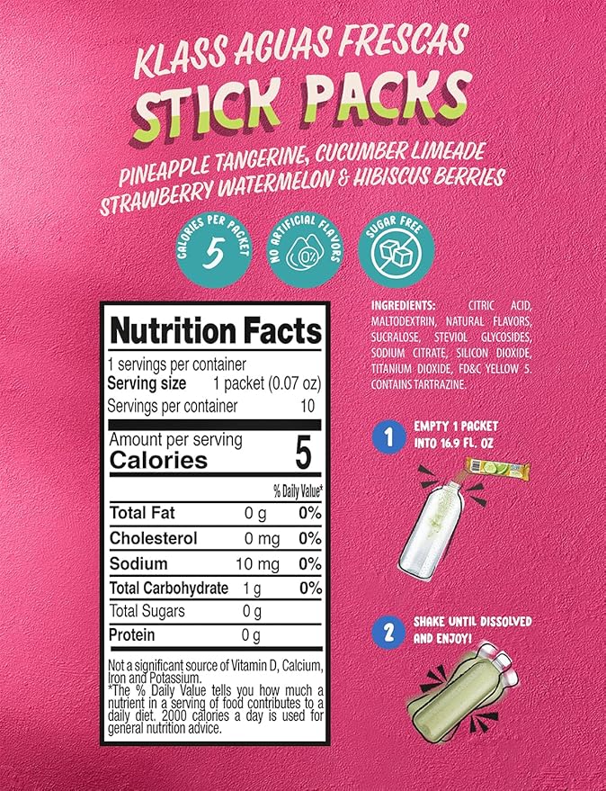 Klass Aguas Frescas | Drink Mix Variety Pack, Cucumber Limeade, Strawberry Watermelon, Hibiscus Berries & Pineapple Tangerine | Sugar Free On-The-Go Packets (Powder Stick Packs),40 Count (Pack of 2)