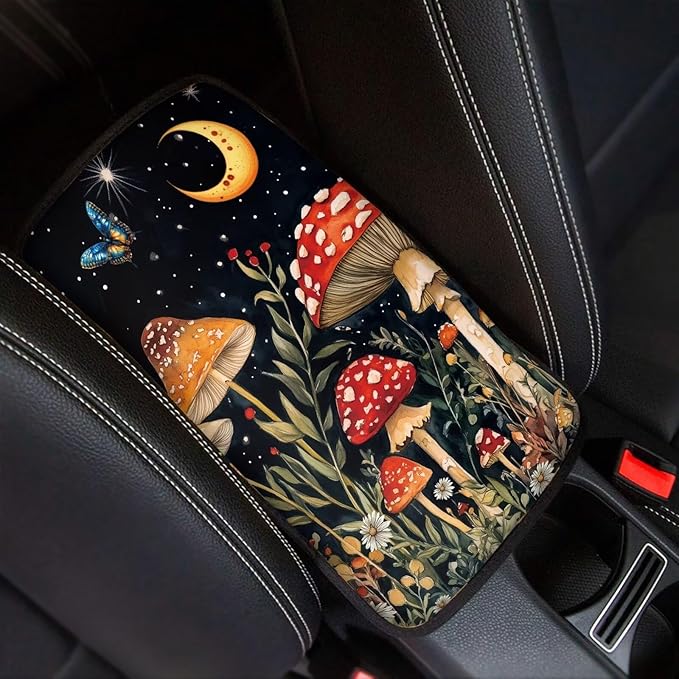 Red Mushroom Center Console Cover Car Center Console Cover Fashion Auto Interior Protect from Pet Claws Car Console Covers Fit for Most Cars, Vehicles, SUVs