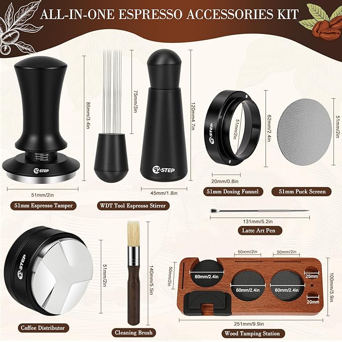 Y-Step 8 Pcs Espresso Accessories Kit, 51mm Espresso Tamper Kit Espresso Tools Barista Kit & Espresso Tamping Station, with 51mm Coffee Tamper, Distributor, WDT Tool, Dosing Funnel, Puck Screen, Brush