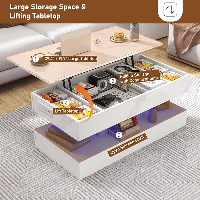 39.4" Large Lift Top Coffee Table, Modern LED High Glossy Coffee Table with Charging Station, Lights, Hidden Compartment Storage, Lift Center Tables for Living Room, Home Office, White