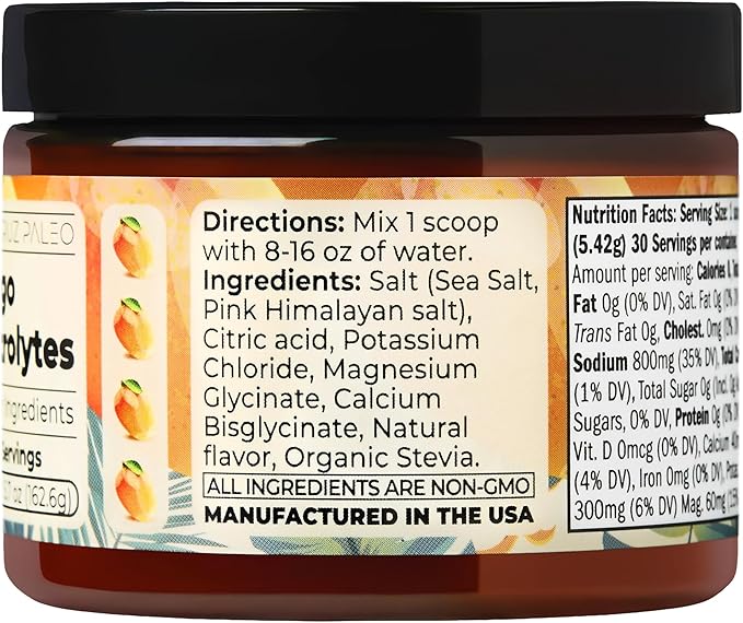 Santa Cruz Paleo Electrolyte Powder, Mango Flavor, Sugar Free Hydration Drink Mix with Himalayan Pink Salt, Sea Salt, Magnesium Glycinate, Potassium Chloride, Sweetened with Stevia, 30 Servings
