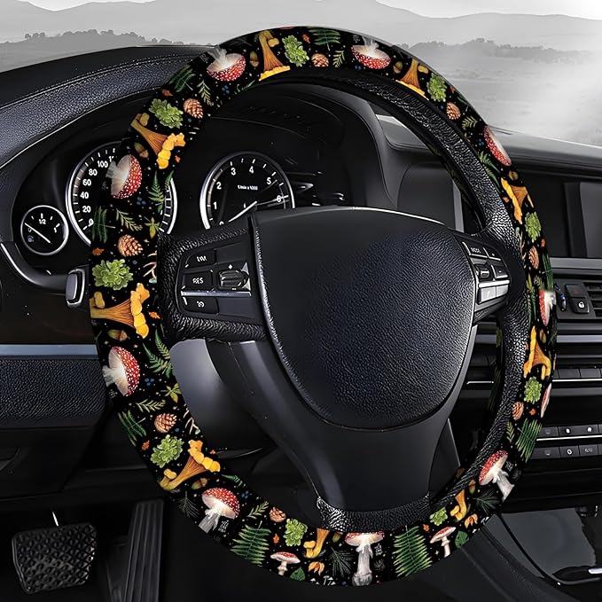 Steering Wheel Covers for Car, Truck, and SUV, Cute Non-Slip Breathable Elastic Steering Wheel, Car Accessories, Universal 15 Inch Leather Cover for Men Women Vantage Mushroom