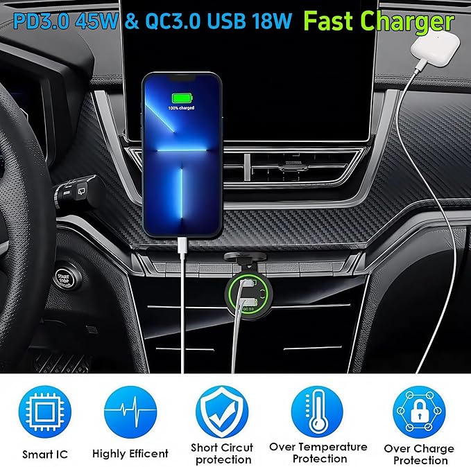 45W PD & 18W QC3.0 USB Laptop Car Charger Power Socket, Marine Type-C/USB C Port Fast Charging Adapter, 12V USB Power Outlet with ON/Off Switch Button Waterproof Cover for Boat RV Truck Golf (Green)