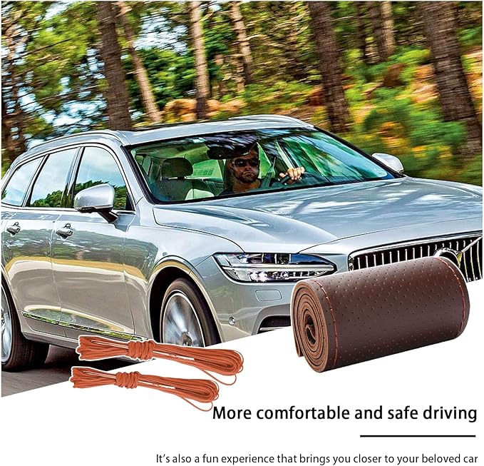 Kewucn Genuine Leather Steering Wheel Cover, 15" Universal Car Steering Wheel Protector with Needle Thread, Breathable Anti-Slip Steering Wheel Cover DIY Stitch on Wrap (Coffee, Full Hole)
