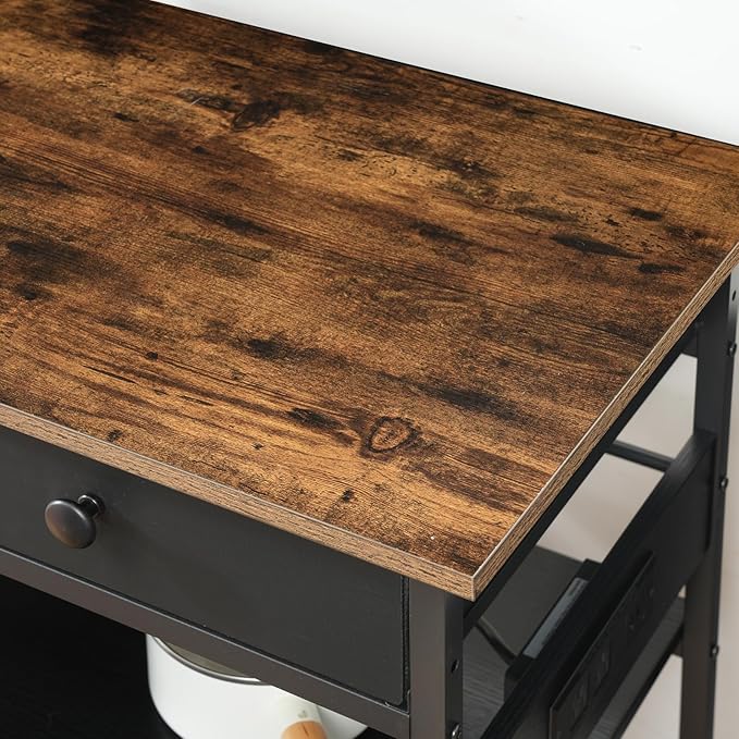 HOOBRO Kitchen Island with Storage, Rolling Island Cart for Kitchen with 2 Drawers & Outlet, 3 Tier Coffee Station and Microwave Stand, Kitchen Island Table for Home, Rustic Brown and Black FB08UZD01