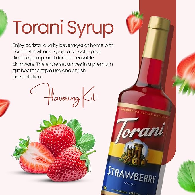 Jimoco Barista Set – Torani Strawberry Syrup 25.4 oz, Jimoco Pump, Reusable Cup, Straw & Stirrer – Coffee, Italian Soda & Cocktail Flavoring Kit