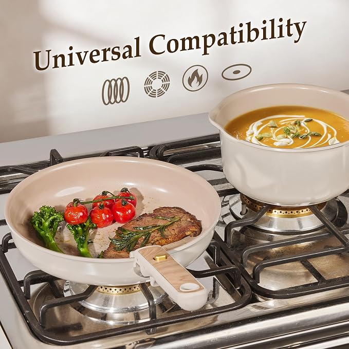 CAROTE 25 Pcs Ceramic Cookware Sets, Pots and Pans Set Non Stick, Detachable Handle, Induction & Oven Safe, Stackable Space - 70% Saving, Cookware Non Stick Cooking Set, Taupe (PFOS, PFOA Free)