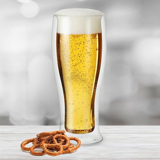 Oggi Beer Double Wall Insulated Glass Mug, Ideal for IPA ale lager stout pilsner, Beer Stays Cool Longer Even Outdoors, Visually Stunning, 14oz / 400ml, Set of 2