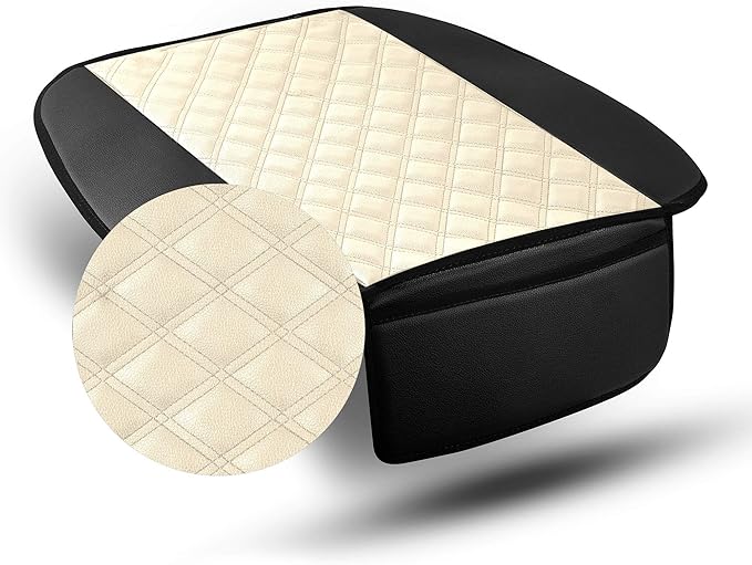 FH Group Faux Leather Front Set Car Seat Cushion Pads with Front Pocket – Universal Fit for Cars Trucks & SUVs (Beige/Black)