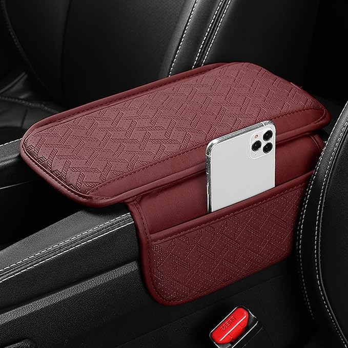 Car Armrest Cushion, Leather Soft Vehicle Center Console Cover with 2 Storage Bag, Breathable Automotive Interior Arm Rest Protection Pad Accessories, Universal for SUV Sedan Truck(Wine Red)