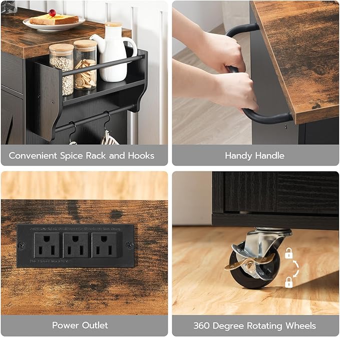 HOOBRO Kitchen Island with Power Outlet, 43.3" Rolling Island with Storage, Kitchen Cart with Spice Rack and Hooks, for Living Room, Rustic Brown and Black BF11UZD01