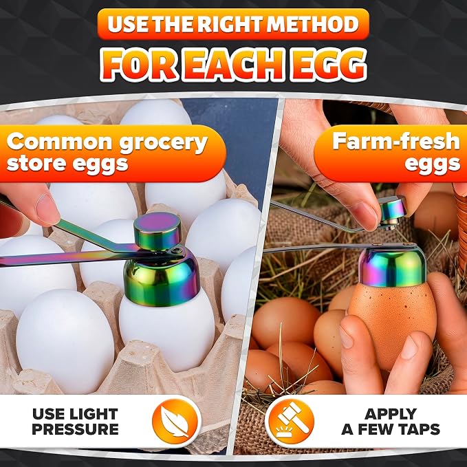 Egg Cracker Tool for Raw Eggs — Egg Shell Opener for Soft-Boiled Shell Tops, Stainless Steel Topper with Ergonomic Adjustable Effort — Clean Cut Design for Breakfast Prep, Custards, & Baking (Rainbow)